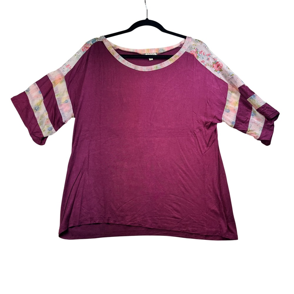 Eyeshadow Floral Sleeve Top Blouse T-Shirt Casual Maroon Size M Boho